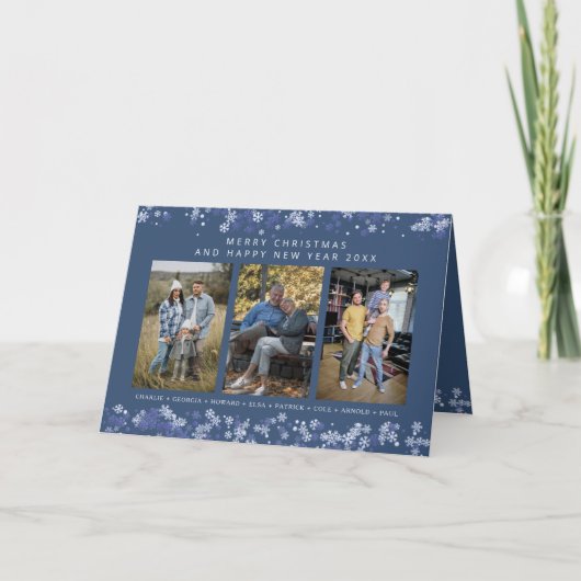 Blue Snowflakes Christmas Modern Collage 3 Photos カード (正面)