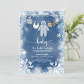 Blue Snowflakes Clothesline Baby Shower 招待状 (スタンド正面)