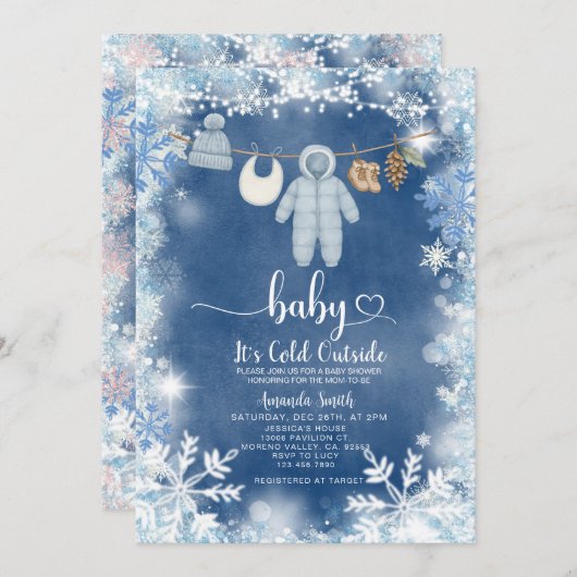 Blue Snowflakes Clothesline Baby Shower 招待状 (正面/裏面)