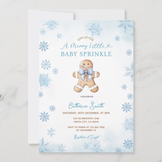 Blue Snowflakes Gingerbread Baby Sprinkle 招待状 (正面)