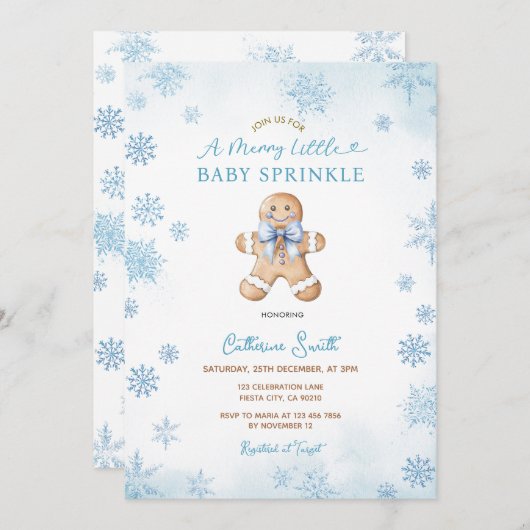 Blue Snowflakes Gingerbread Baby Sprinkle 招待状 (正面/裏面)