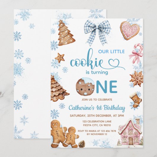Blue Snowflakes Gingerbread Christmas 1st Birthday 招待状 (正面/裏面)