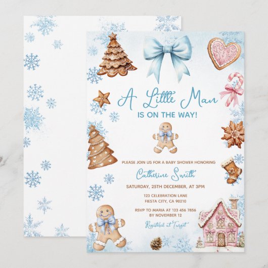 Blue Snowflakes Gingerbread Christmas Baby Shower 招待状 (正面/裏面)