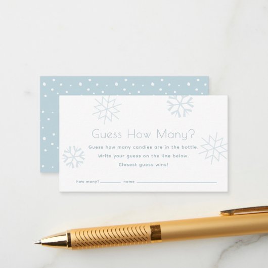 Blue Snowflakes Guess How Many Baby Shower Game エンクロージャーカード (正面/裏面インサイチュ)