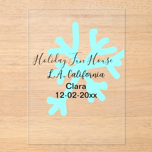 Blue snowflakes holiday camping house place date アクリル招待状 (正面)