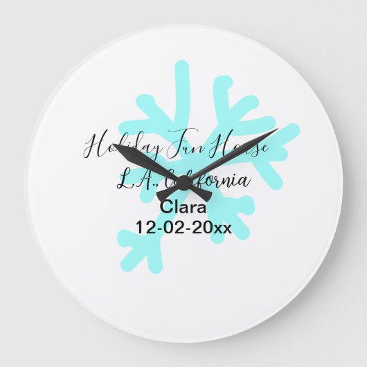 Blue snowflakes holiday camping house place date ラージ壁時計 (正面)