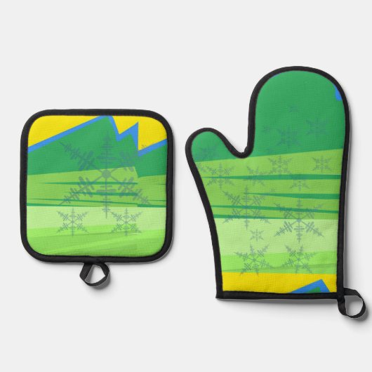 Blue Snowflakes Oven Mitt and Pot Holders 鍋つかみ&鍋敷きセット (正面)