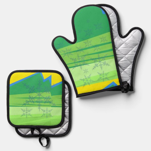 Blue Snowflakes Oven Mitt and Pot Holders 鍋つかみ&鍋敷きセット (正面/裏面)