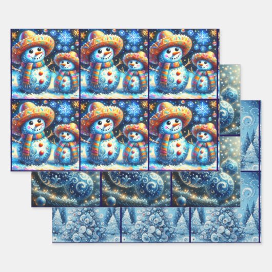 Blue Snowman Christmas Tree Baubles Decoupage ラッピングペーパーシート (セット)
