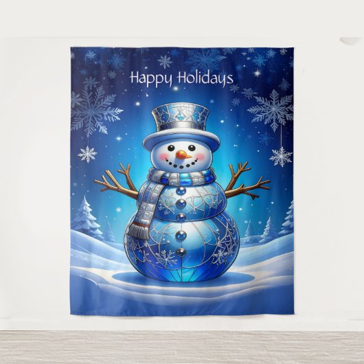 Blue Snowman Snowflakes Holiday Backdrop タペストリー (正面)