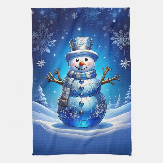 Blue Snowman Snowflakes Holiday Kitchen Towel キッチンタオル (縦)