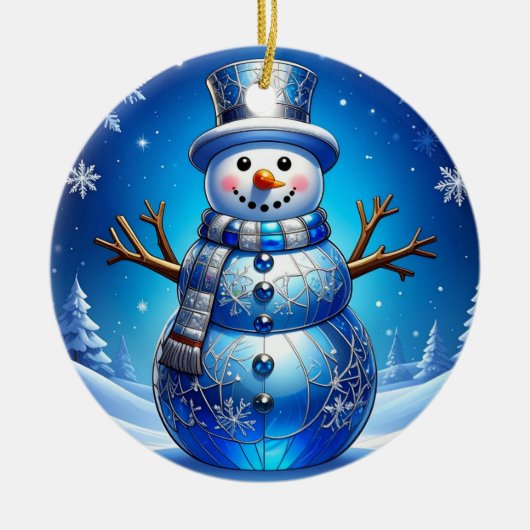 Blue Snowman Snowflakes Holiday Ornament セラミックオーナメント (正面)