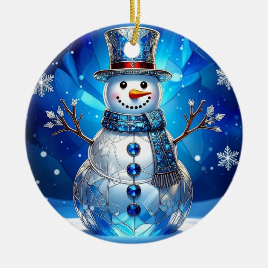 Blue Snowman Snowflakes Holiday Ornament セラミックオーナメント (正面)