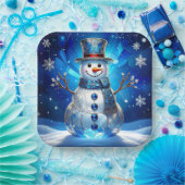 Blue Snowman Snowflakes Holiday Paper Plate ペーパープレート (パーティー)
