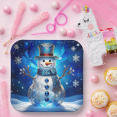 Blue Snowman Snowflakes Holiday Paper Plate ペーパープレート (パーティー)