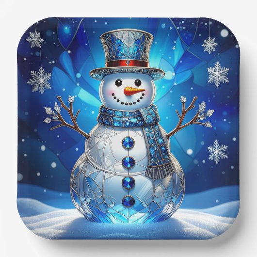 Blue Snowman Snowflakes Holiday Paper Plate ペーパープレート (正面)