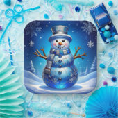 Blue Snowman Snowflakes Holiday Paper Plate ペーパープレート (パーティー)