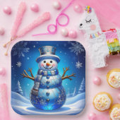 Blue Snowman Snowflakes Holiday Paper Plate ペーパープレート (パーティー)