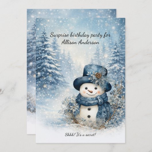 Blue Snowman Surprise Birthday Party | 招待状 (正面/裏面)