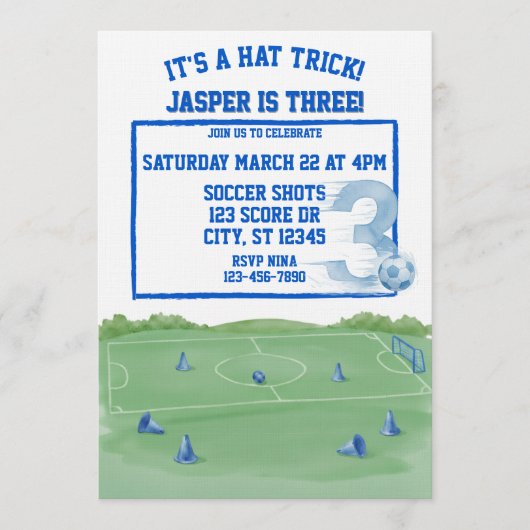 Blue Soccer Hat Trick, 3rd Birthday 招待状 (正面)