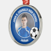 Blue Soccer Player Photo High School Christmas メタルオーナメント (左)