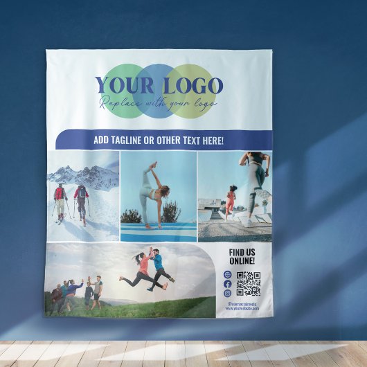 Blue Social Media Icons Logo Photos QR Promo タペストリー