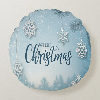 Blue Soft & Calm Christmas Snow Crystal Design-  ラウンドクッション