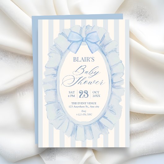 Blue soft ribbon baby shower 招待状