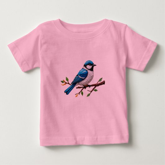 Blue Songbird on Branch Illustration ベビーTシャツ (正面)