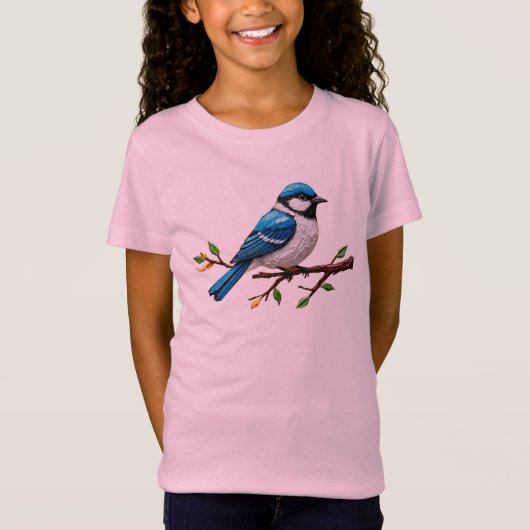 Blue Songbird on Branch Illustration Tシャツ (正面)