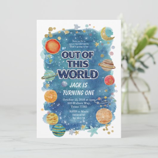 Blue Space Birthday Party Invitation Galaxy 招待状 (スタンド正面)