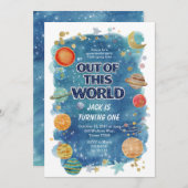 Blue Space Birthday Party Invitation Galaxy 招待状 (正面/裏面)