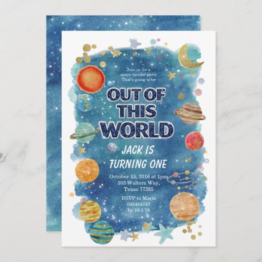 Blue Space Birthday Party Invitation Galaxy 招待状 (正面/裏面)