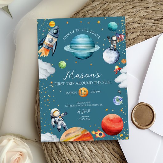 Blue Space Rocket & Astronaut 1st Trip Around 招待状