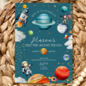 Blue Space Rocket & Astronaut 1st Trip Around 招待状