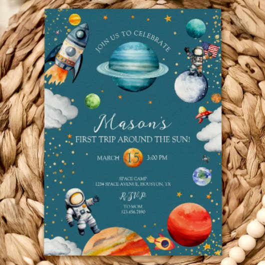 Blue Space Rocket & Astronaut 1st Trip Around 招待状