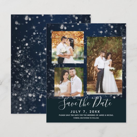 Blue Sparkle Lights結婚の写真Save the Date (正面/裏面)