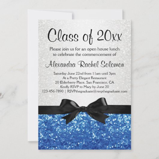 Blue Sparkle-look Bow Graduation/Party 招待状 (正面)