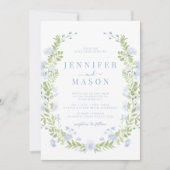 Blue sping flowers greenery wreath wedding 招待状 (正面)