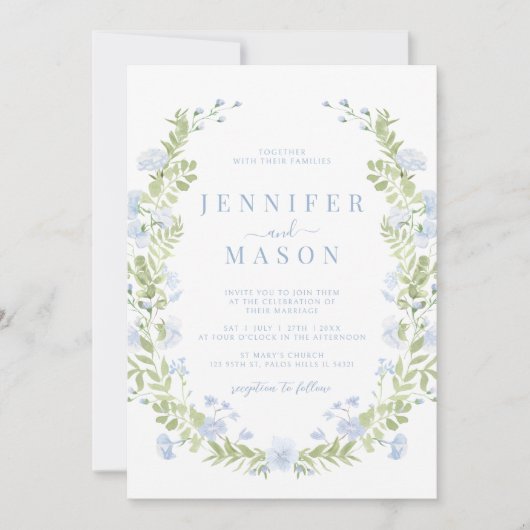 Blue sping flowers greenery wreath wedding 招待状 (正面)