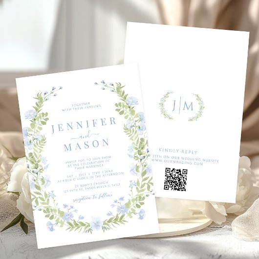 Blue sping flowers greenery wreath wedding 招待状