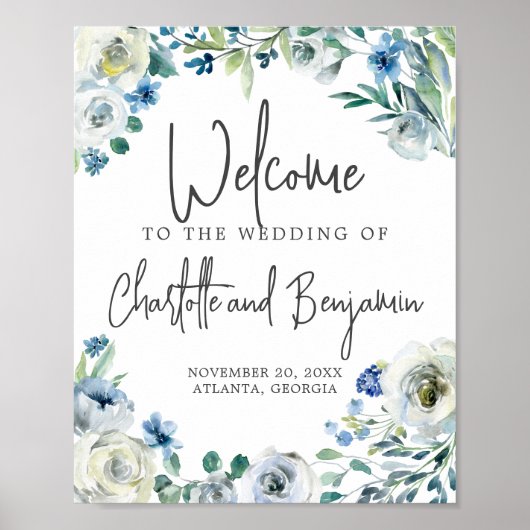 Blue Spring Floral Chic Welcome to Our Wedding ポスター (正面)