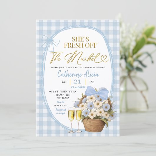 Blue Spring Floral Gingham Coquette Bridal Shower 招待状 (スタンド正面)