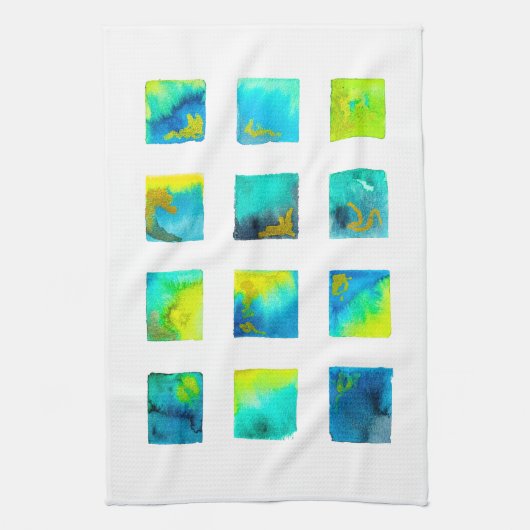 Blue squares watercolor abstract キッチンタオル (縦)