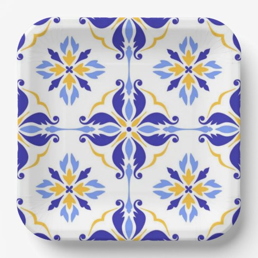 Blue Star Elegant Floral Mosaic Mediterranean ペーパープレート (正面)