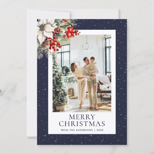 Blue Starry Botanical Photo Merry Christmas シーズンカード (正面)