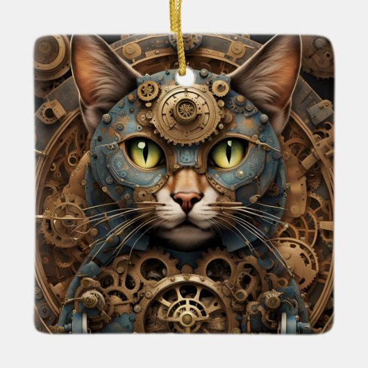 blue steampunk cat AIアートオーナメント セラミックオーナメント (正面)