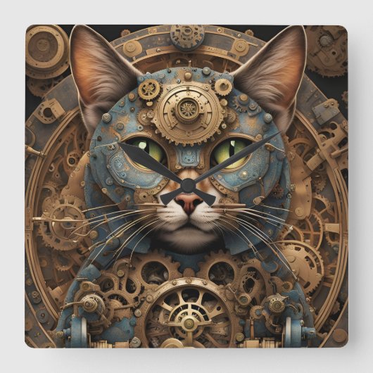 blue steampunk cat AIアートスクエアウォールクロック スクエア壁時計 (正面)