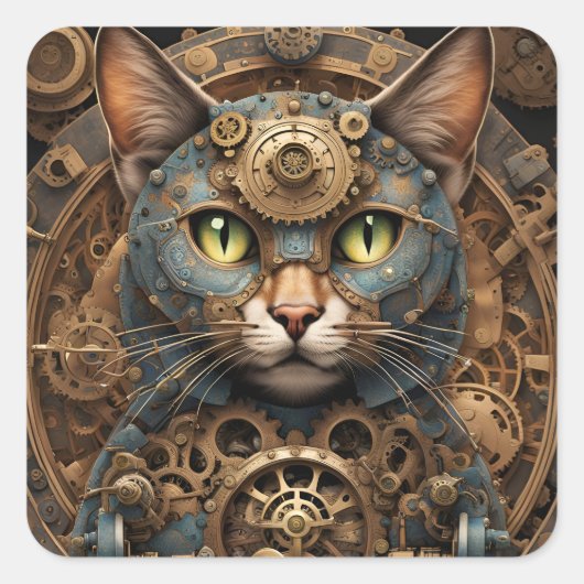 blue steampunk cat AIアートステッカー スクエアシール (正面)