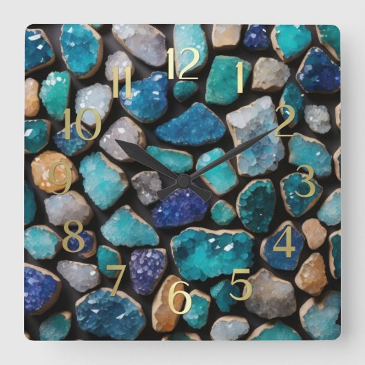 Blue Stones Trimmed in Gold スクエア壁時計 (正面)